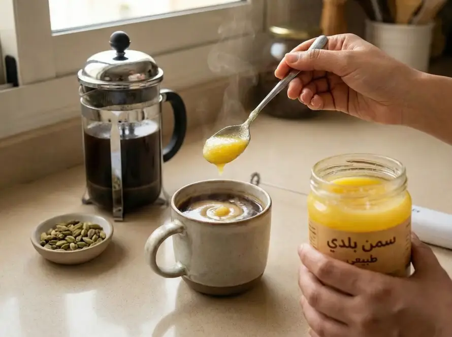 تحضير القهوة العلاجية بالسمن البلدي: إضافة ملعقة سمن طبيعي إلى قهوة سوداء ساخنة للحصول على قوام أغنى وشعور بالشبع.