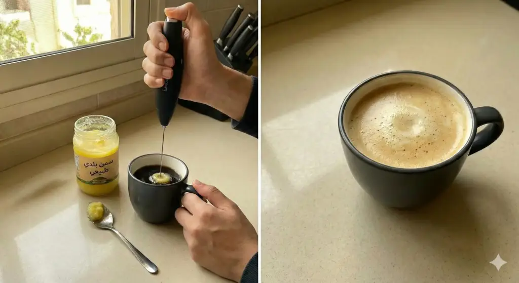 تحضير القهوة العلاجية بالسمن البلدي: إضافة سمن طبيعي إلى قهوة سوداء وخفقها للحصول على قوام كريمي ورغوة ناعمة.