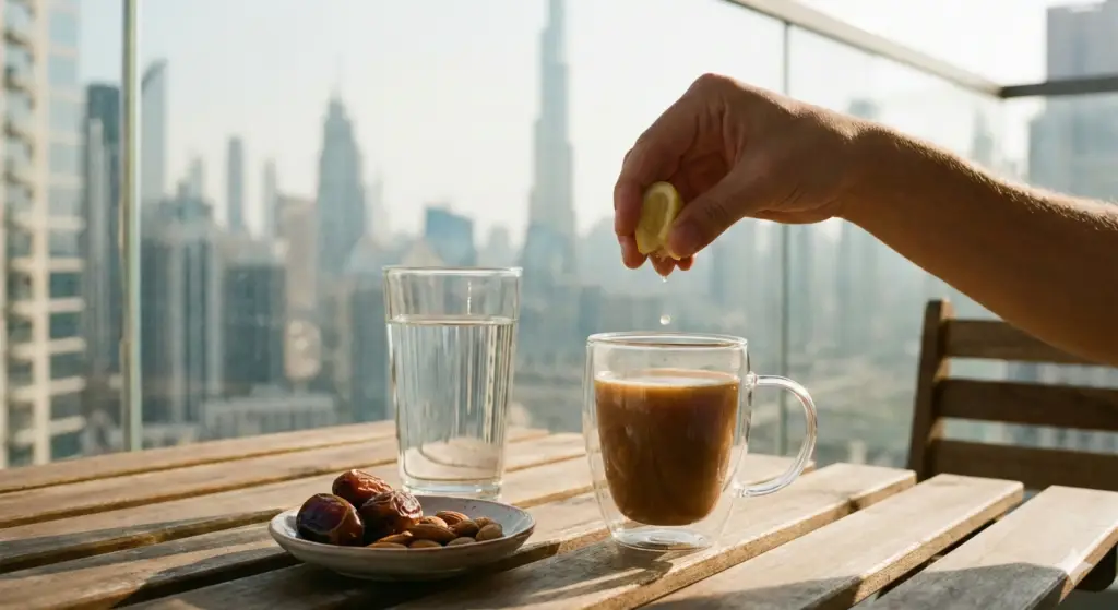 يد تعصر شريحة ليمون فوق كوب قهوة على شرفة بإطلالة دبي—تجربة القهوة العلاجية بالليمون في الصباح.