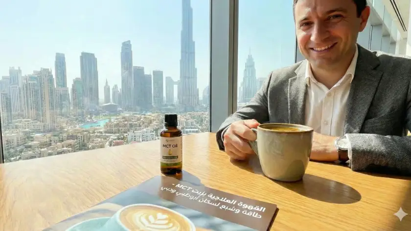 رجل في دبي يشرب القهوة العلاجية بزيت MCT مع زجاجة MCT على الطاولة وإطلالة برج خليفة—طاقة وشبع بنكهة ناعمة.