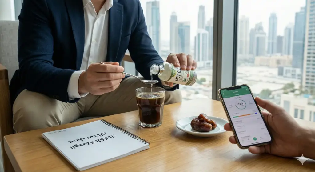 إضافة زيت MCT إلى كوب قهوة داخل مكتب بإطلالة مدينة—مشهد يوضح القهوة العلاجية بزيت MCT لزيادة الشبع والطاقة.