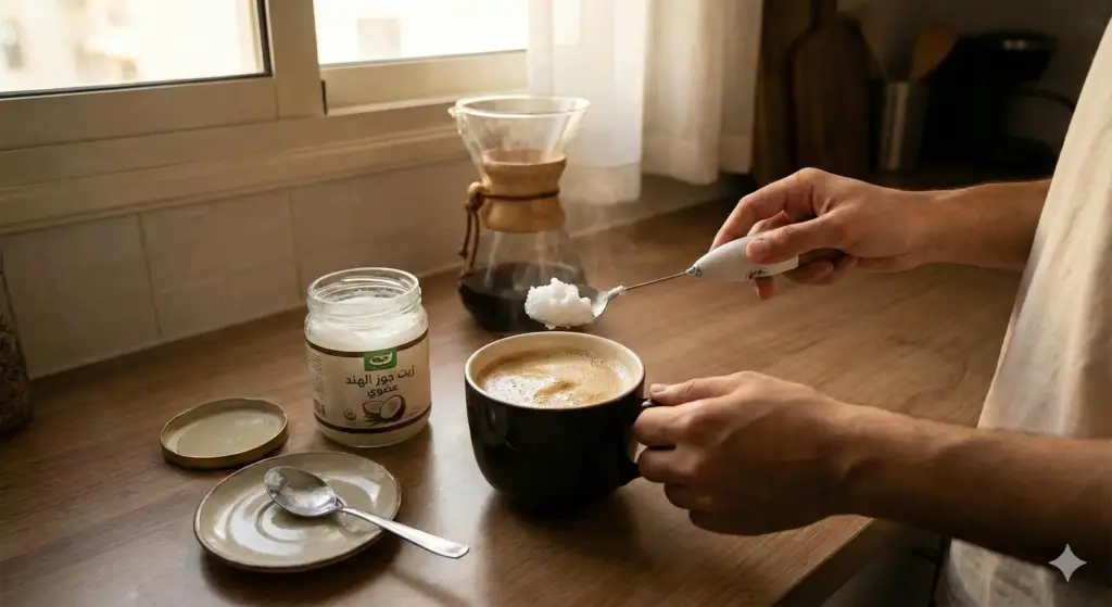 شخص يضيف ملعقة من زيت جوز الهند إلى كوب قهوة ساخنة بجوار برطمان زيت جوز الهند وخفّاق—تحضير القهوة العلاجية بزيت جوز الهند.
