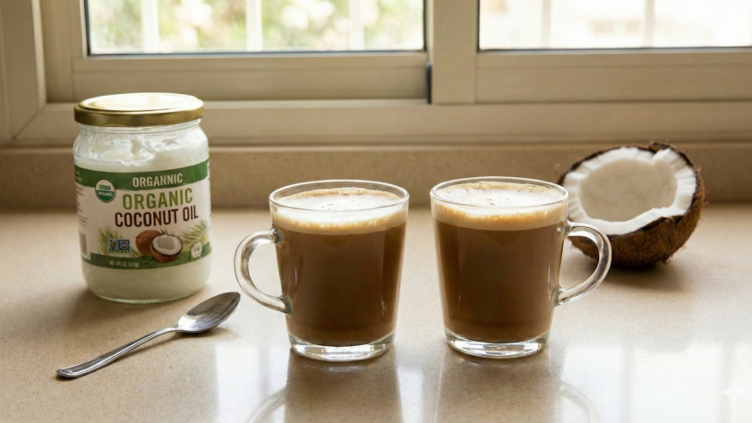 كوبان قهوة ممزوجة بزيت جوز الهند بجوار عبوة زيت جوز الهند العضوي ونصف ثمرة جوز هند—وصفة القهوة العلاجية بزيت جوز الهند بقوام كريمي.