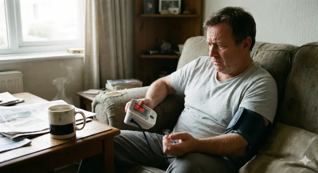 رجل يقيس ضغط الدم في المنزل وبجواره كوب قهوة—تذكير بمراعاة القلب قبل تجربة ترند القهوة بزيت الزيتون.