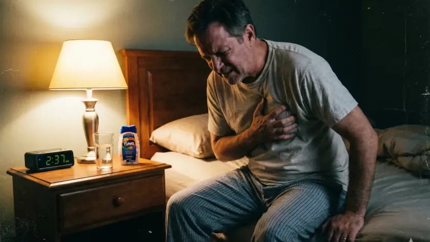 رجل يعاني حموضة ليلية ممسكًا بصدره بجانب مضادّ حموضة وكوب ماء—صورة توضح القهوة وارتجاع المريء.
