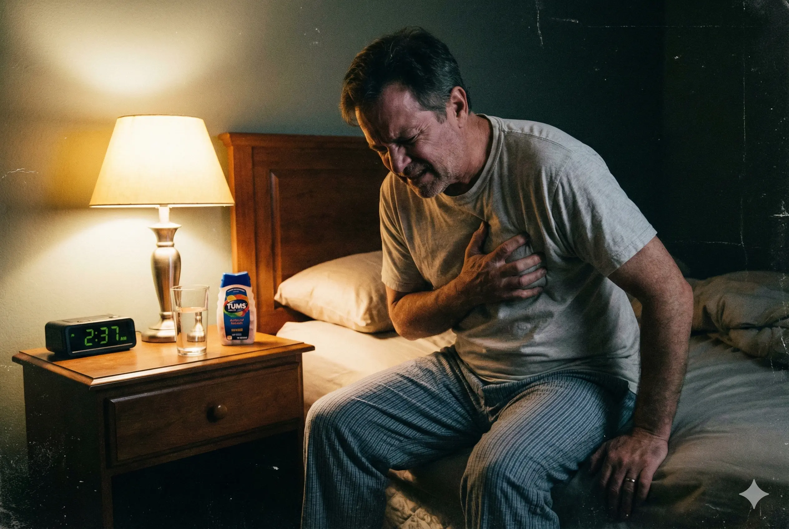 رجل يعاني حموضة ليلية ممسكًا بصدره بجانب مضادّ حموضة وكوب ماء—صورة توضح القهوة وارتجاع المريء.