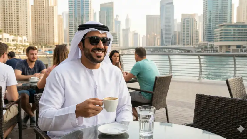 رجل إماراتي يحتسي قهوة في مقهى على الواجهة البحرية بدبي مع كوب ماء—القهوة والقلق وكيف يساعد الاعتدال على الهدوء.