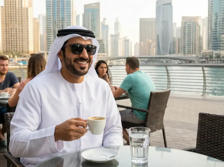 رجل إماراتي يحتسي قهوة في مقهى على الواجهة البحرية بدبي مع كوب ماء—القهوة والقلق وكيف يساعد الاعتدال على الهدوء.