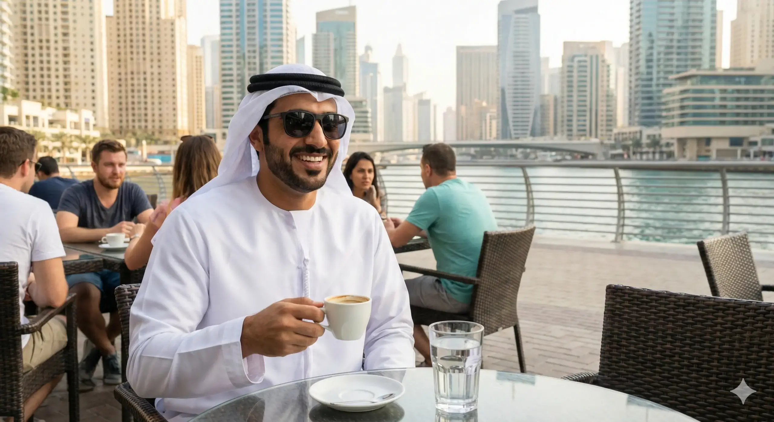 رجل إماراتي يحتسي قهوة في مقهى على الواجهة البحرية بدبي مع كوب ماء—القهوة والقلق وكيف يساعد الاعتدال على الهدوء.