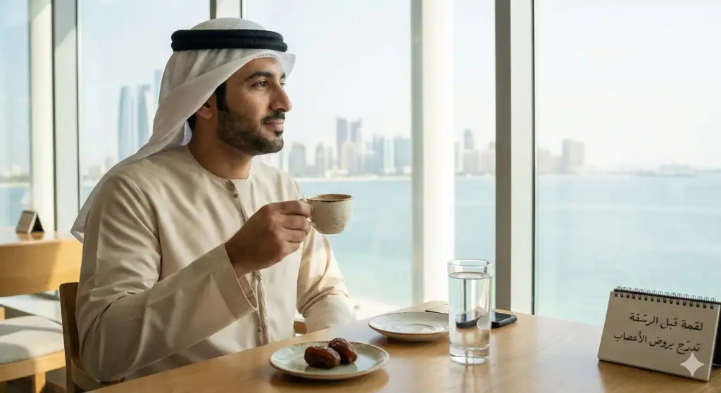 رجل خليجي يحتسي قهوة قرب البحر مع تمر وكوب ماء على الطاولة—القهوة والقلق ونصيحة “لقمة قبل الرشفة” لتخفيف التوتر.