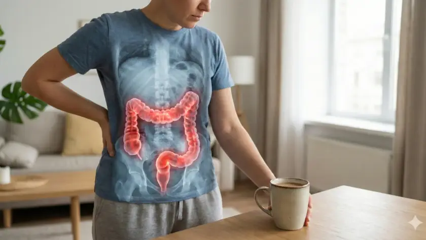 شخص يشعر بألم بطني مع إبراز القولون على القميص وبجواره كوب قهوة؛ صورة توضح علاقة القهوة والقولون العصبي.