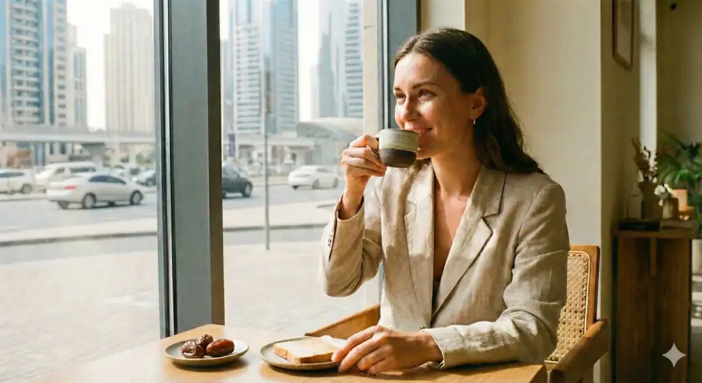 سيدة تشرب القهوة في مقهى بجانب نافذة مع تمر وقطعة توست؛ مشهد يرمز لتوازن القهوة والقولون العصبي مع الأكل.