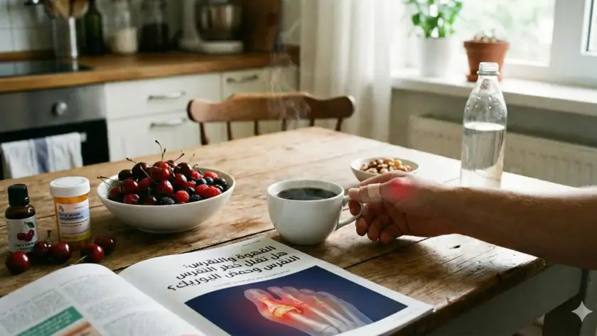 فنجان قهوة على طاولة ومقال عن النقرس مع إبراز ألم المفصل—القهوة والنقرس.