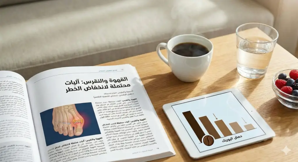 فنجان قهوة بجانب مقال عن النقرس ورسم يوضح انخفاض حمض اليوريك—القهوة والنقرس.