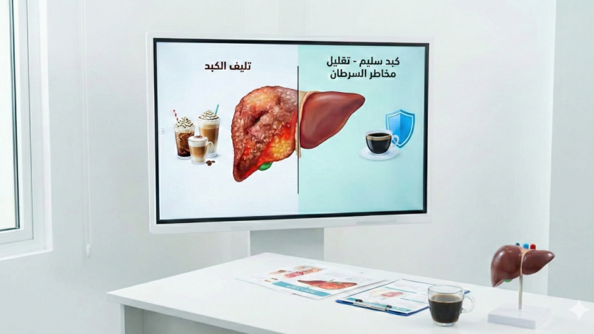 شاشة توعوية تقارن بين تليف الكبد وكبد سليم مع فنجان قهوة؛ توضح علاقة القهوة وحماية الكبد وتقليل المخاطر.