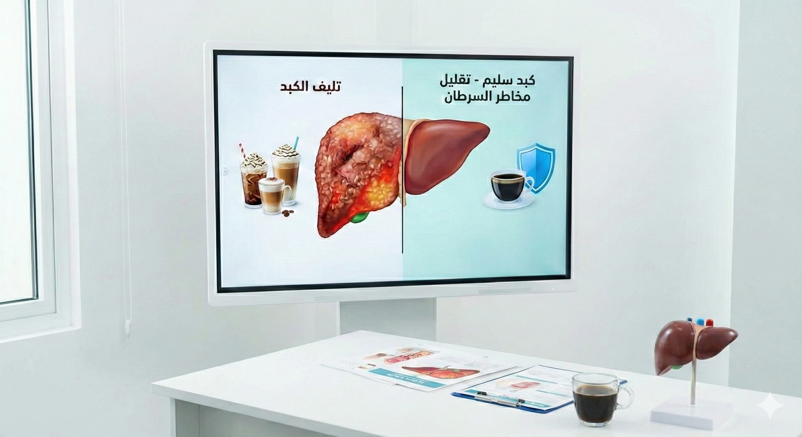 شاشة توعوية تقارن بين تليف الكبد وكبد سليم مع فنجان قهوة؛ توضح علاقة القهوة وحماية الكبد وتقليل المخاطر.