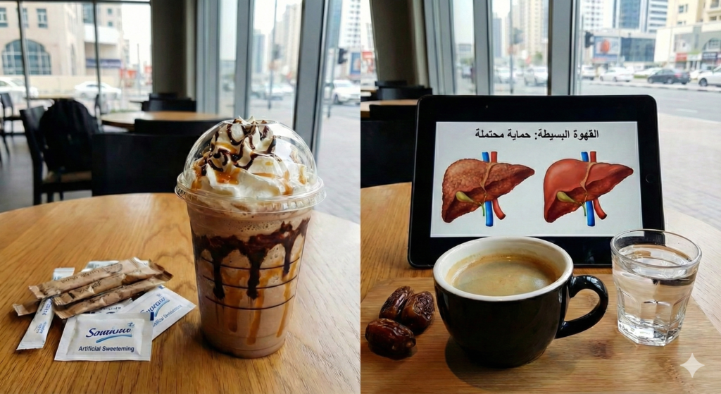 مقارنة بين مشروب قهوة سكري وآخر قهوة سوداء مع ماء وتمور أمام شاشة توضح القهوة وحماية الكبد.