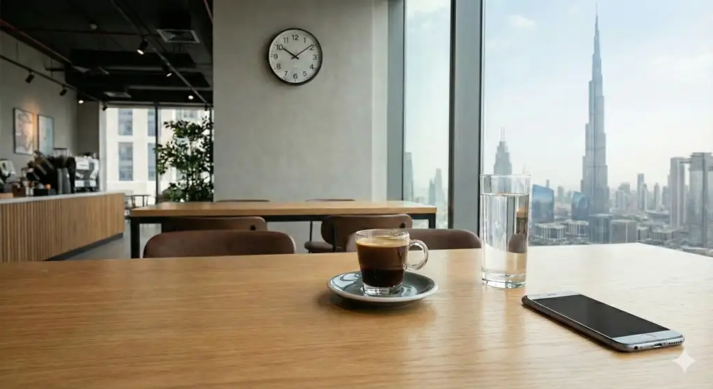 فنجان قهوة إسبريسو مع كوب ماء على طاولة بمقهى يطل على برج خليفة—صورة توضح ارتباط القهوة وكثرة التبول.