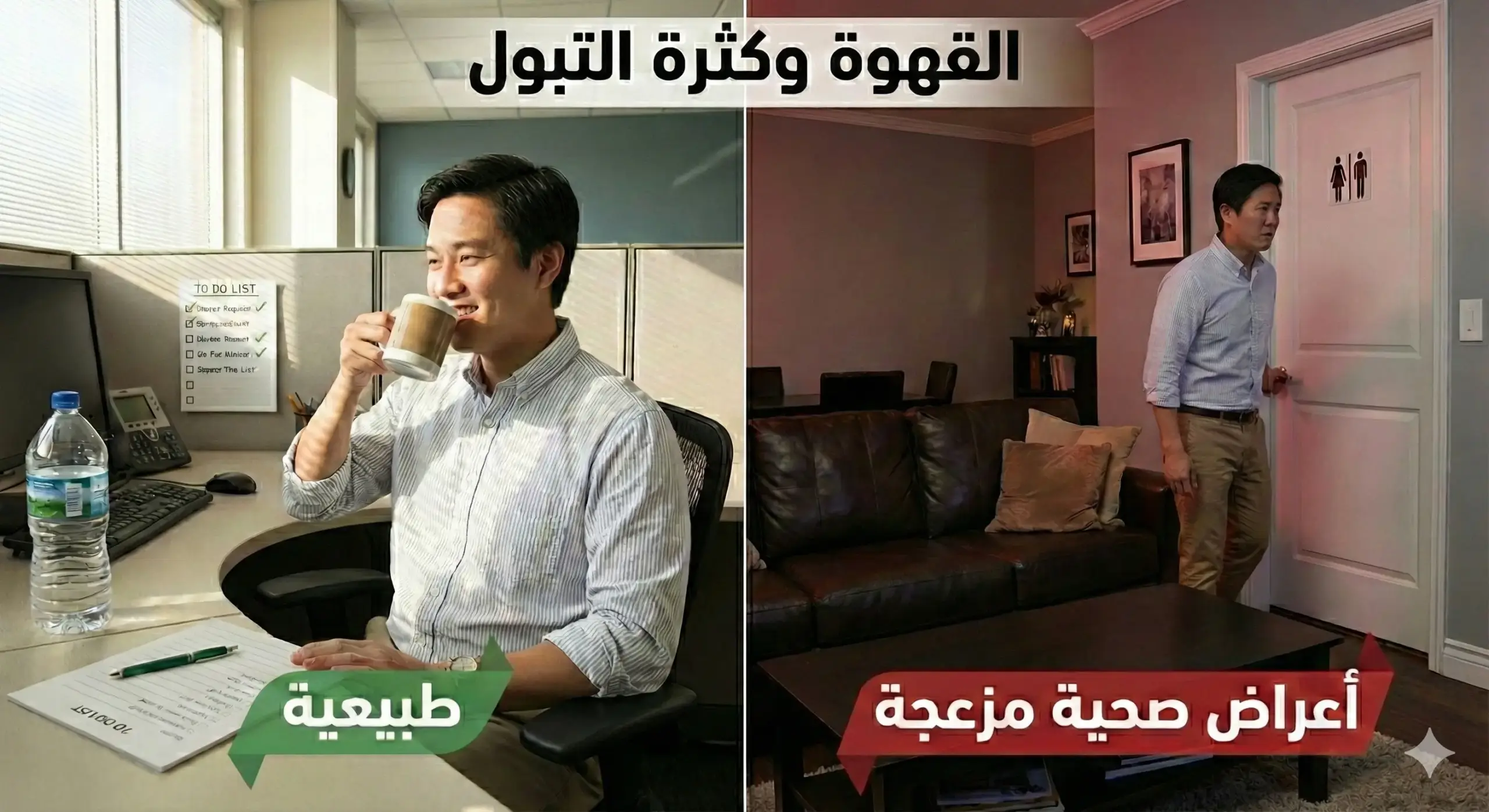 صورة توضيحية تقارن بين القهوة وكثرة التبول الطبيعية في العمل وبين الإلحاح المزعج الذي قد يستدعي الانتباه.