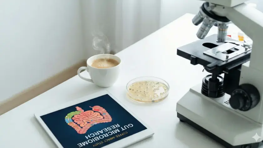 فنجان قهوة بجوار ميكروسكوب وطبق بتري وجهاز لوحي يعرض الأمعاء؛ مشهد يوضح تأثير القهوة علي الميكروبيوم.
