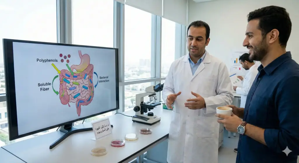 باحث يشرح مخطط الأمعاء في مختبر مع ميكروسكوب وأطباق بتري وشخص يحمل قهوة—تأثير القهوة علي الميكروبيوم.