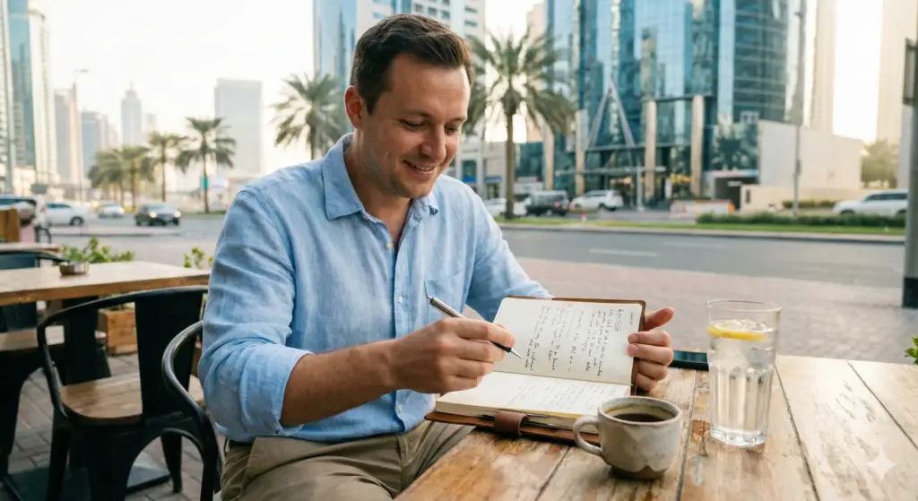 رجل يدوّن ملاحظات في مقهى خارجي مع فنجان قهوة وماء؛ يرمز إلى خفقان القلب بعد القهوة وكيف تقلّل الكافيين.