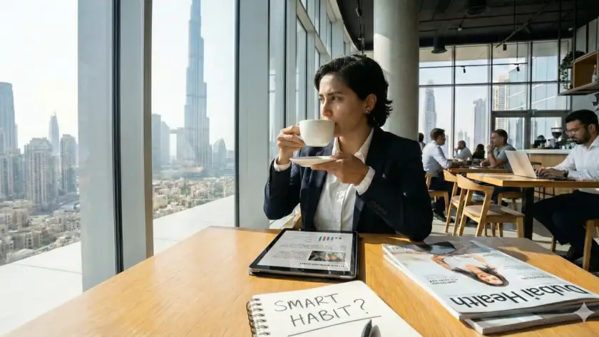 سيدة تشرب القهوة في مقهى بدبي مع إطلالة برج خليفة، وتقرأ على تابلت عن فوائد القهوة للصحة العامة.