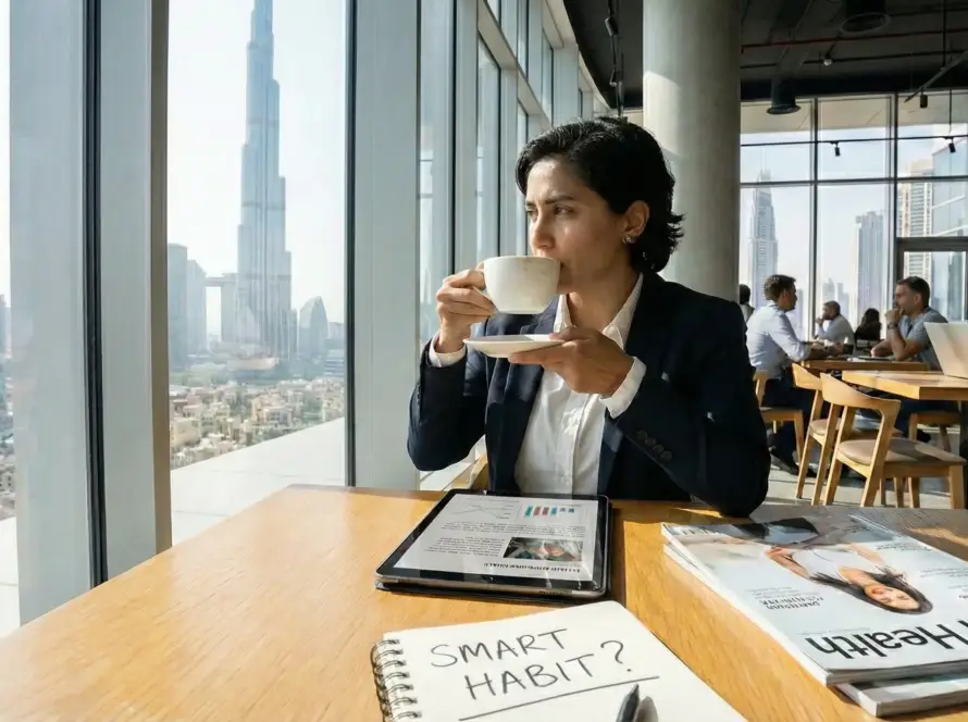 سيدة تشرب القهوة في مقهى بدبي مع إطلالة برج خليفة، وتقرأ على تابلت عن فوائد القهوة للصحة العامة.
