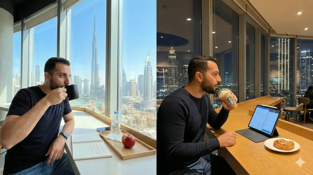 رجل يشرب القهوة في دبي بإطلالة برج خليفة نهارًا، ويعمل ليلًا في مقهى—فوائد القهوة للصحة العامة ضمن روتين متوازن.
