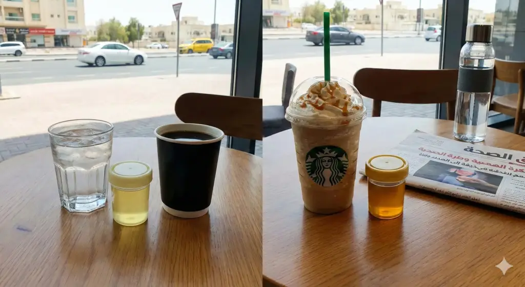 مشهد في مقهى: كوب قهوة سوداء وماء وعبوة صغيرة بسائل أصفر، وبالجانب الآخر فرابتشينو وماء وصحيفة—ضمن موضوع فوائد القهوة للكلى.