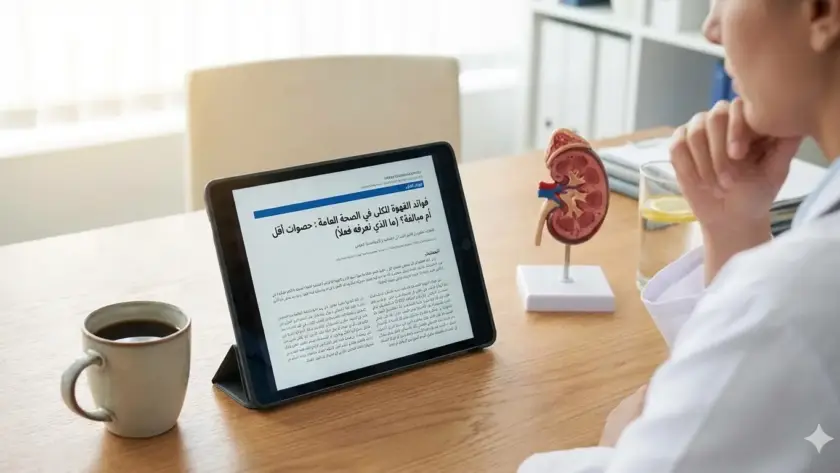طبيب/باحث يقرأ على جهاز لوحي مقالًا عن فوائد القهوة للكلى بجوار كوب قهوة ومجسم كلية وكوب ماء على مكتب.