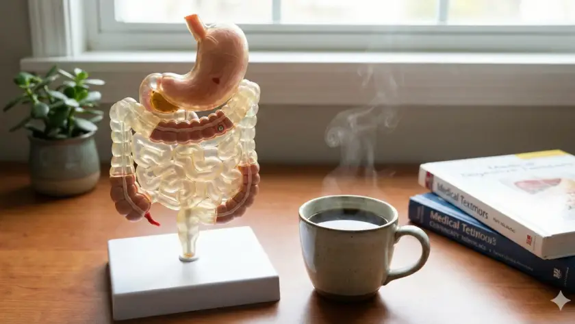 نموذج للجهاز الهضمي بجانب كوب قهوة ساخنة وكتب طبية—توضيح علمي عن فوائد القهوة للهضم وتأثيرها على الأمعاء.