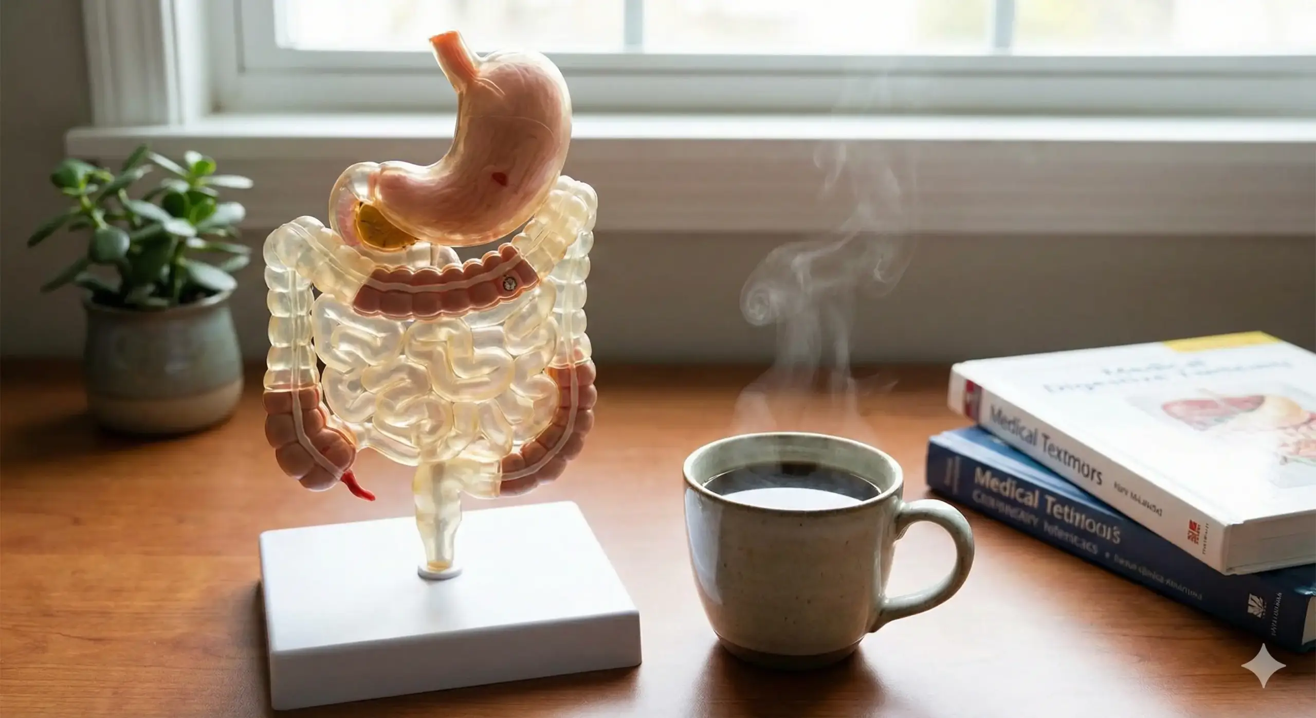 نموذج للجهاز الهضمي بجانب كوب قهوة ساخنة وكتب طبية—توضيح علمي عن فوائد القهوة للهضم وتأثيرها على الأمعاء.