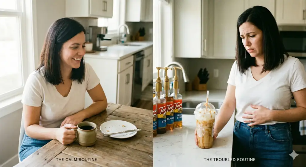 مقارنة بين قهوة سوداء هادئة ومشروب قهوة سكري يسبب انزعاجًا؛ توضح فوائد القهوة للهضم عند اختيارها بدون إضافات.