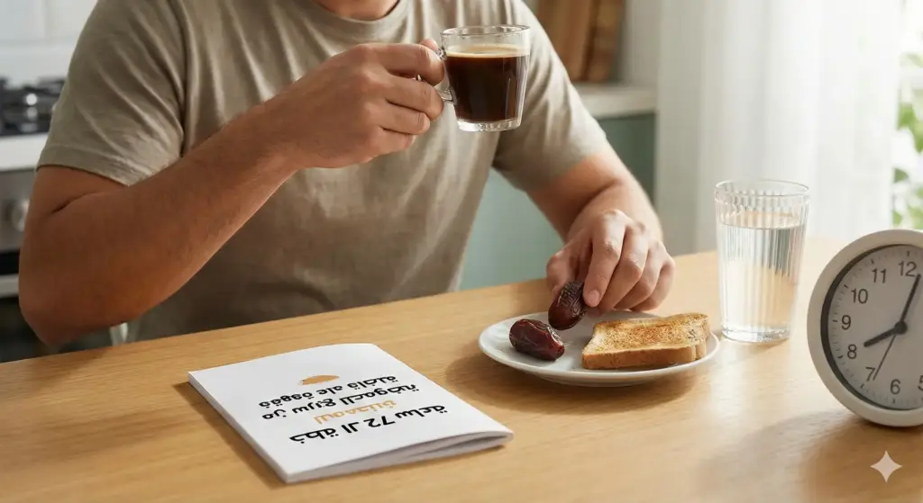 شخص يشرب قهوة على معدة فاضية مع تمر وتوست وكوب ماء—خطوة بسيطة تقلّل الحموضة وتريح المعدة.