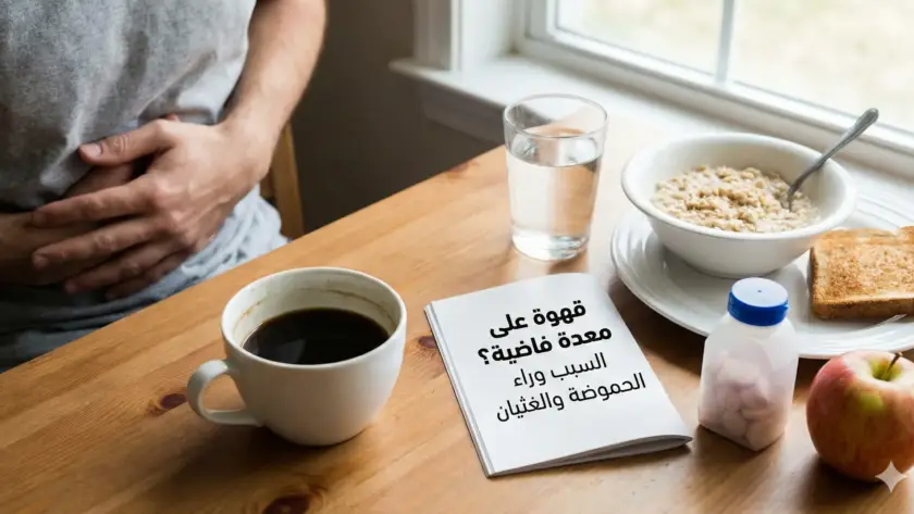 شخص يمسك بطنه بجوار فنجان قهوة وإفطار خفيف—دليل قهوة على معدة فاضية ولماذا قد تزيد الحموضة والغثيان.