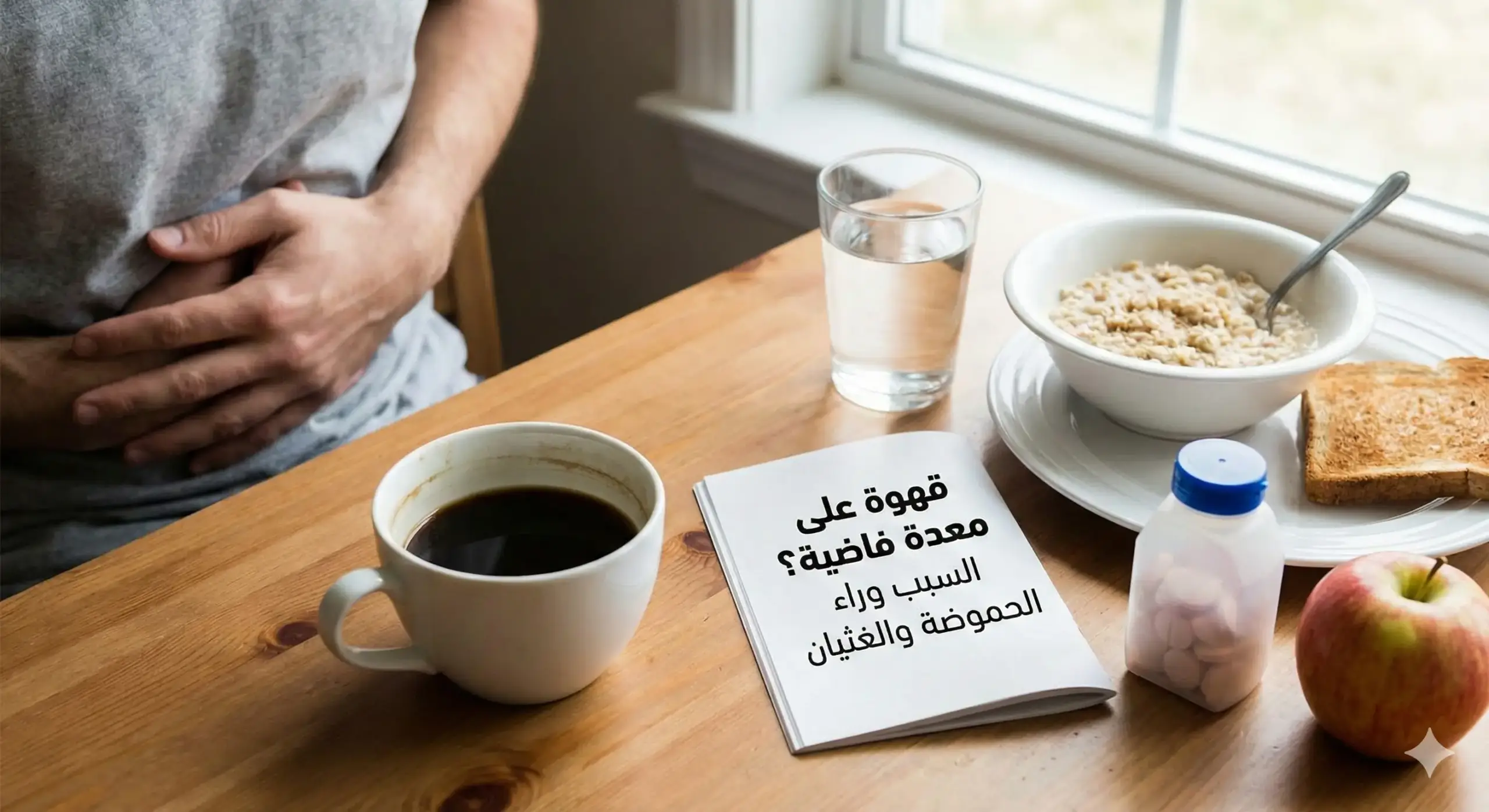 شخص يمسك بطنه بجوار فنجان قهوة وإفطار خفيف—دليل قهوة على معدة فاضية ولماذا قد تزيد الحموضة والغثيان.