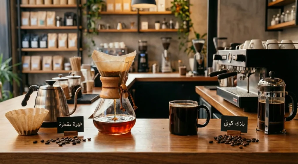 الفرق بين القهوة المقطرة والبلاك كوفي: أدوات تحضير فلتر (كيمكس) بجانب كوب قهوة سوداء، مقارنة واضحة بين الطريقتين داخل مقهى.