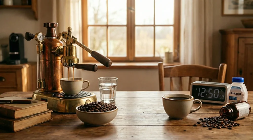 فوائد القهوة السادة وأضرارها: ماكينة إسبريسو وكوبان وقهوة حب مع كوب ماء ودواء حموضة—صورة توضح الفرق بين التركيز والانزعاج المعدي.