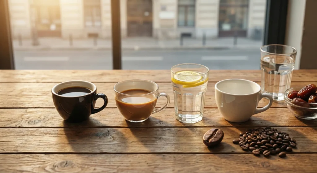 كيفية تقليل الكافيين في الجسم: قهوة سوداء وأخرى بالحليب مع كوب ماء بالليمون وتمور وحبوب قهوة على طاولة—خطوات ذكية لتخفيف المنبهات.