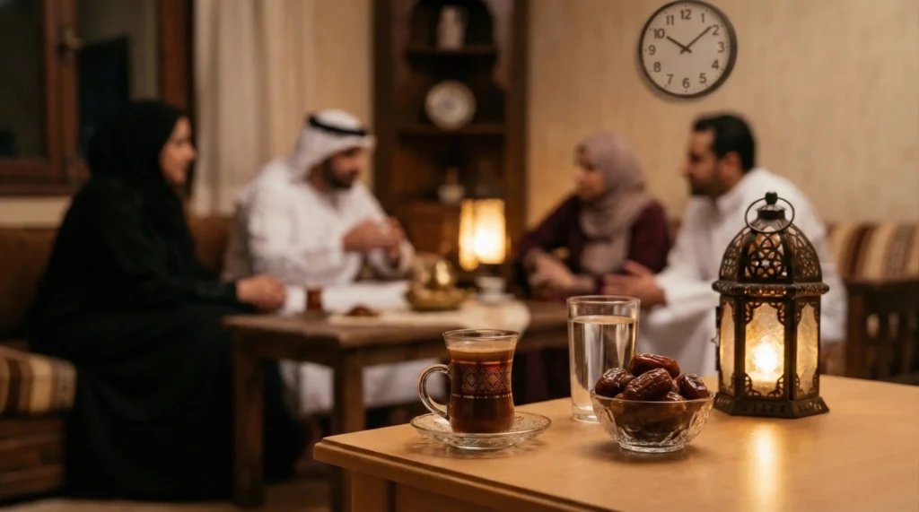 مشهد رمضاني دافئ يظهر فنجان قهوة مع تمر وماء وفانوس، يوضح افضل وقت لشرب القهوة في رمضان بعد الإفطار بوقت مناسب.