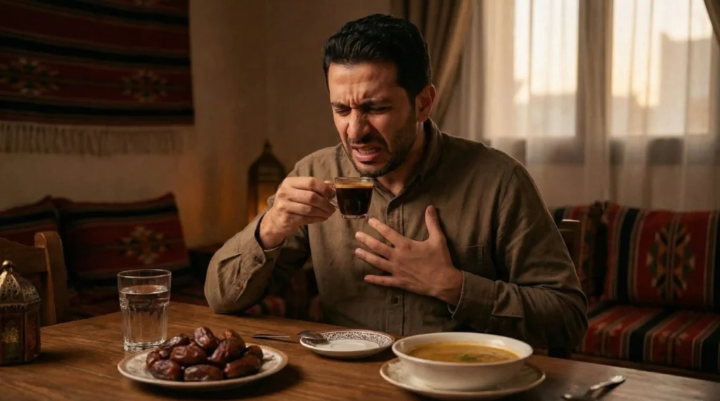 رجل يبدو متألماً يمسك صدره وهو يشرب فنجان قهوة على مائدة الإفطار بجوار التمر والماء والشوربة، يوضح مخاطر الإفطار على القهوة.