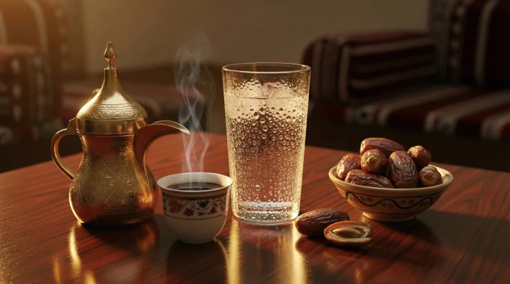 تمر وماء وفنجان قهوة ساخن بجوار دلّة على طاولة رمضانية، يوضح علاقة العطش والجفاف في رمضان بتوقيت القهوة والترطيب.