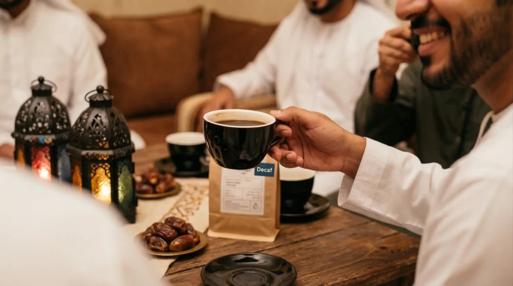 جلسة رمضانية مع تمر وفوانيس وشخص يحمل كوب قهوة وبجواره عبوة “Decaf”، تعكس خيار القهوة منزوعة الكافيين في رمضان لتجنب الأرق.
