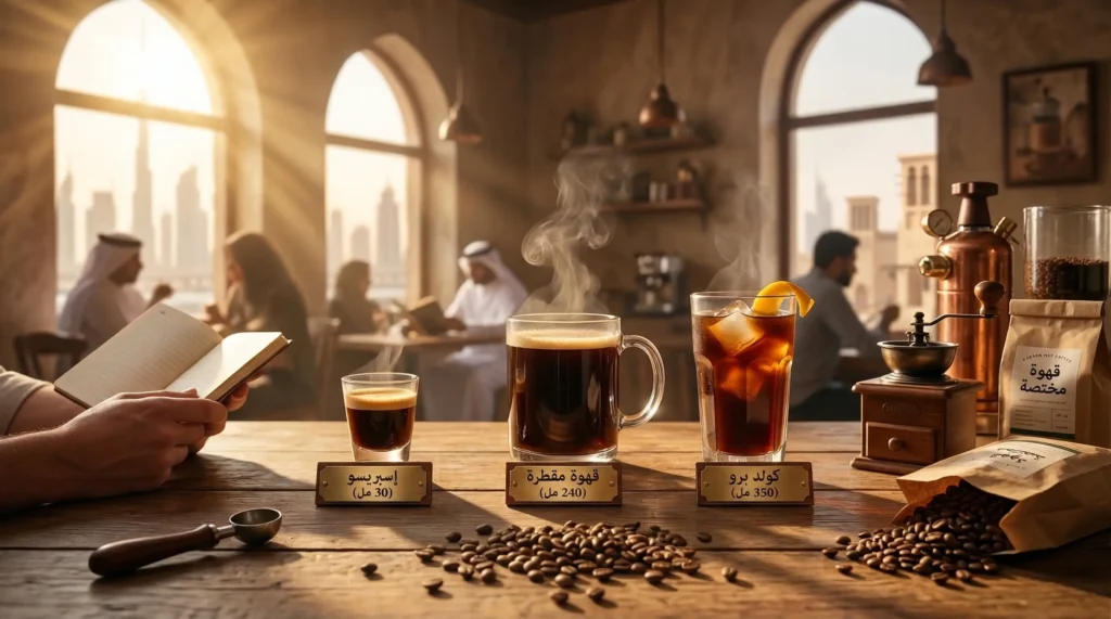 مقارنة مشروبات قهوة في مقهى: إسبريسو (30 مل)، قهوة مقطرة (240 مل)، وكولد برو (350 مل) لتوضيح اي نوع من القهوة يحتوي على كافيين اكثر.