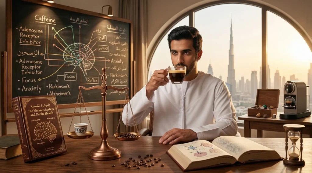 رجلان يشربان القهوة العربية في مجلس؛ أحدهما يبدو متوترًا يمسك صدره، مشهد يوضح تاثير القهوة على الجهاز العصبي واختلاف الاستجابة للكافيين.