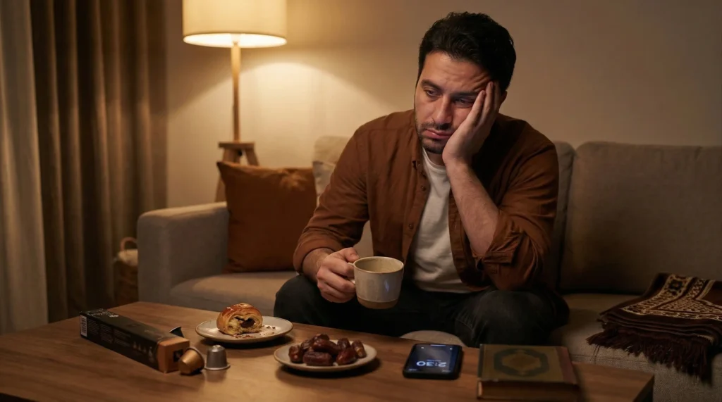 رجل يبدو مرهقًا ليلًا يحمل كوب قهوة بجوار تمر وهاتف، في مشهد يبرز تأثير السهر والكافيين على جودة النوم في رمضان.