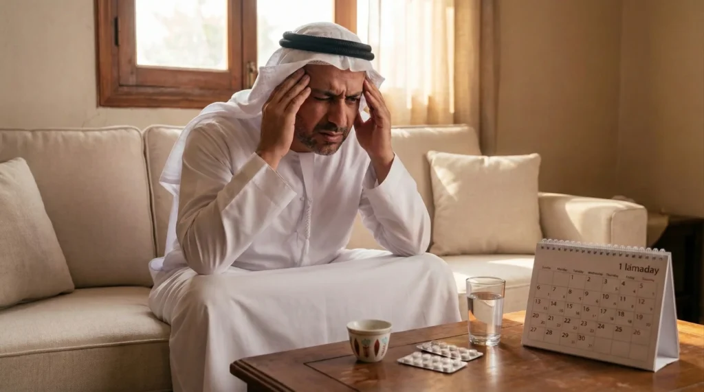 رجل يجلس متألماً يمسك رأسه أمام فنجان قهوة وماء وأقراص، يوضح صداع القهوة اثناء الصيام في رمضان.