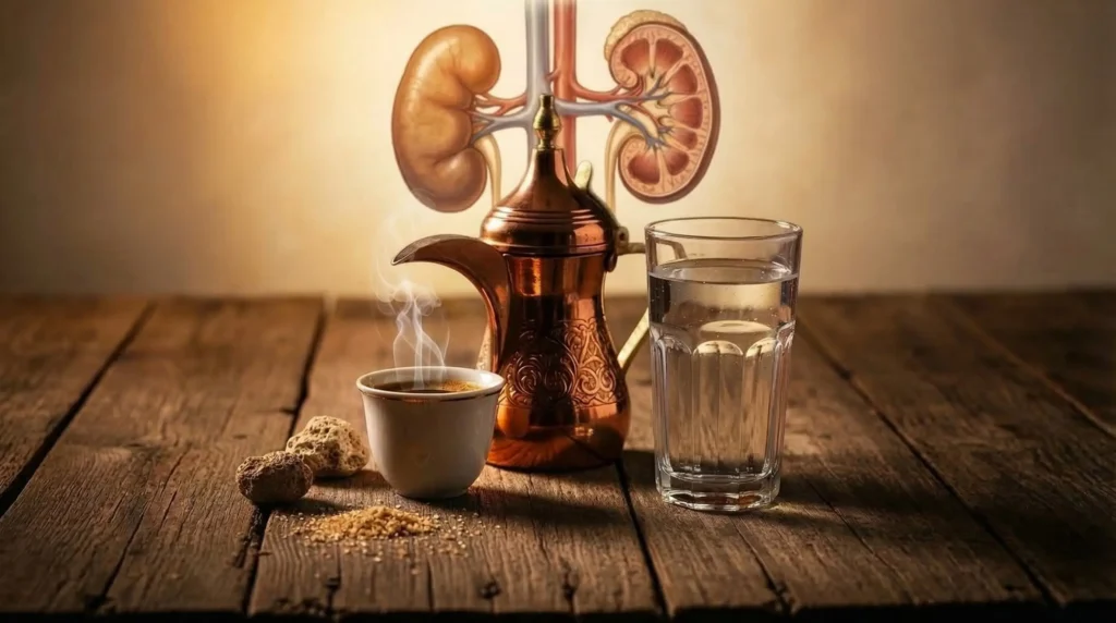 فنجان قهوة رمضان بجوار دلة عربية وكوب ماء مع رسم توضيحي للكلى، يبرز أهمية توازن القهوة مع الترطيب لصحة أفضل.