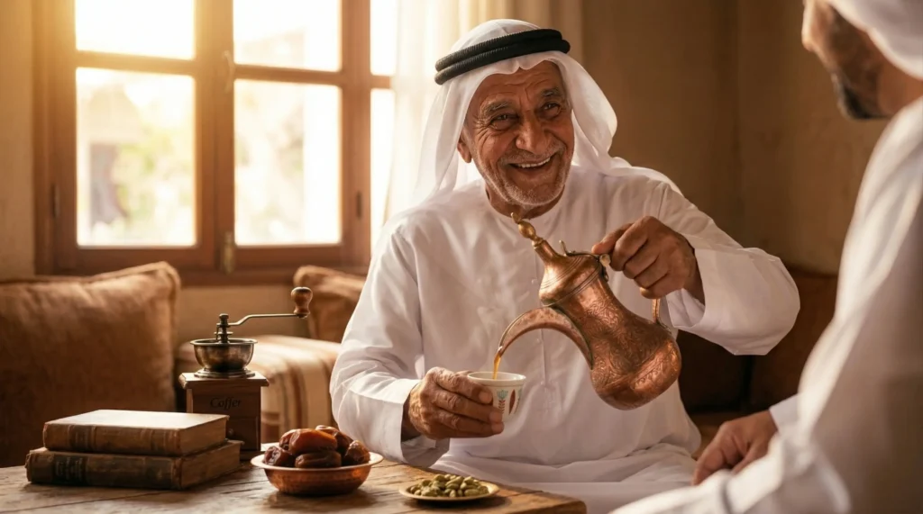 رجل كبير يصب القهوة العربية في فنجان بجوار تمر وهيل ومطحنة قهوة، مشهد يرمز إلى فوائد القهوه العربيه للجسم ضمن ضيافة تقليدية.